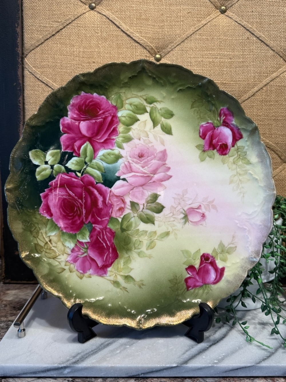 Vintage Hand-Painted Floral Decorative Plate with Pink Roses